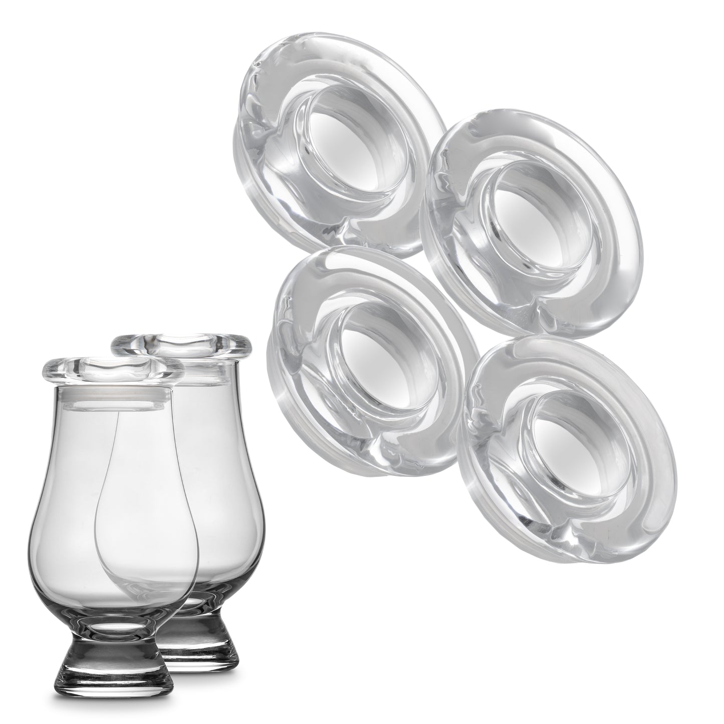 CairnCovers Glass Whiskey Glassware Lids - Glass Cap for Whisky Tasting Glasses by Cairn Craft (4 CairnCover Lids with Numeral Engraving)