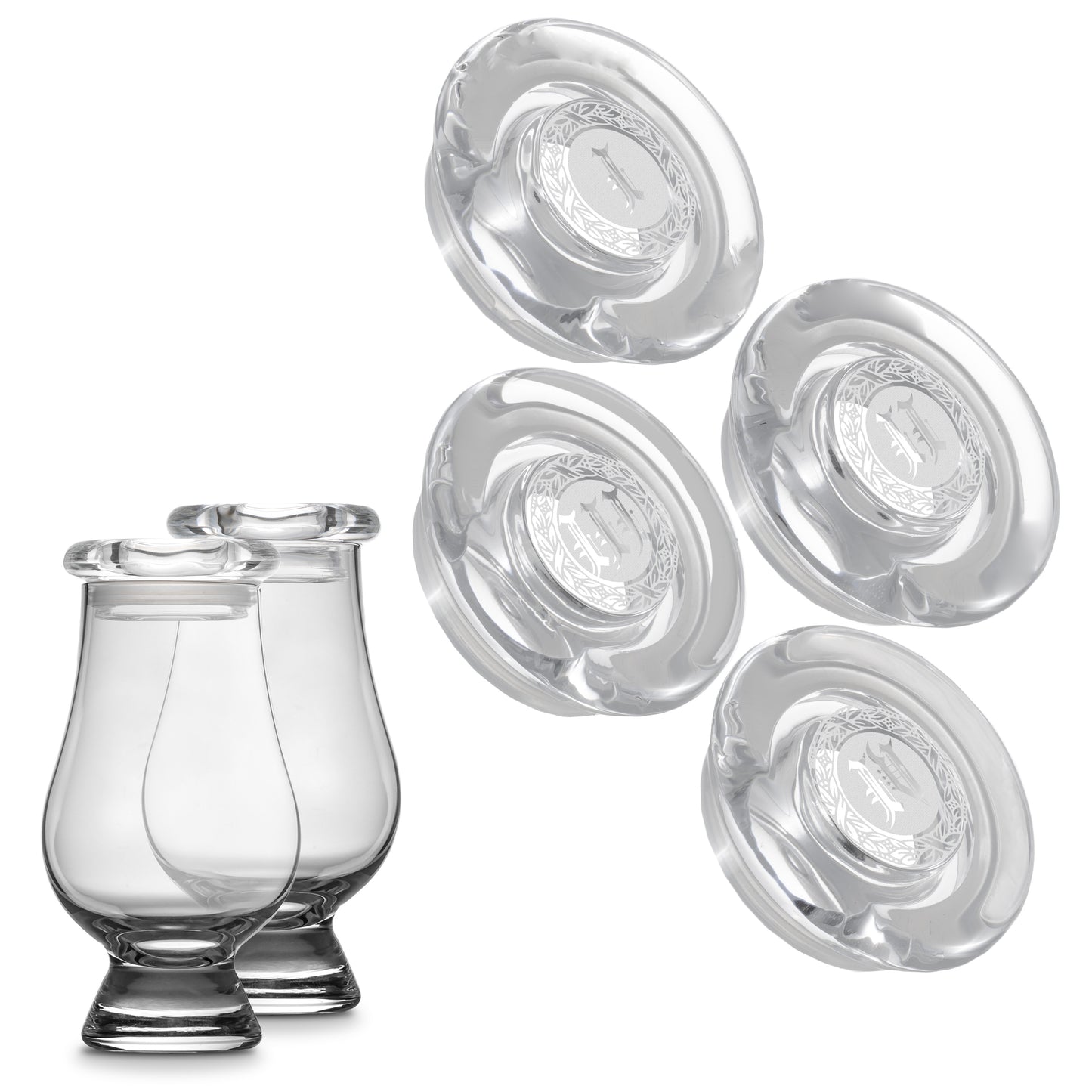 CairnCovers Glass Whiskey Glassware Lids - Glass Cap for Whisky Tasting Glasses by Cairn Craft (4 CairnCover Lids with Numeral Engraving)