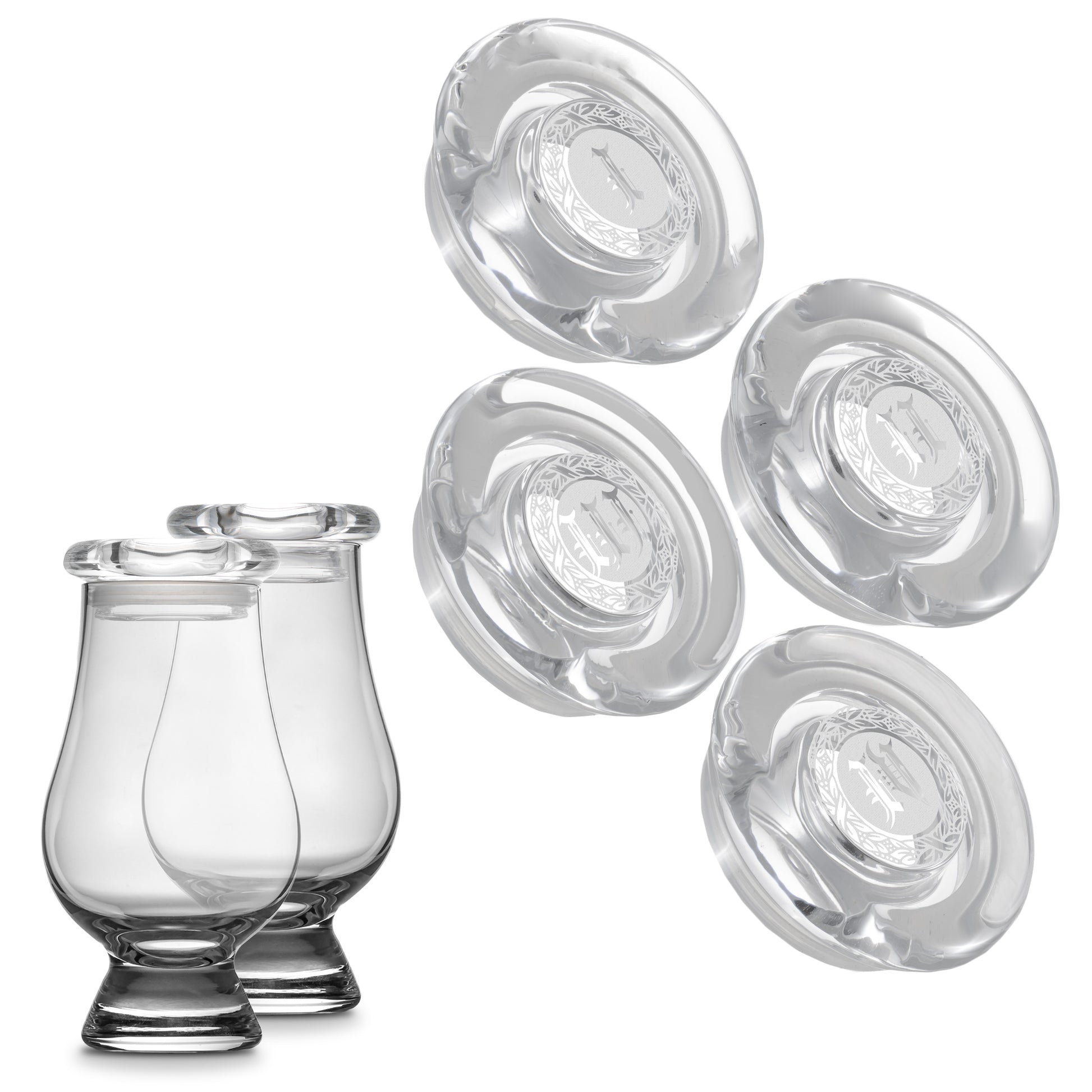CairnCovers Glass Whiskey Glassware Lids - Glass Cap for Whisky Tasting Glasses by Cairn Craft (4 CairnCover Lids with Numeral Engraving)