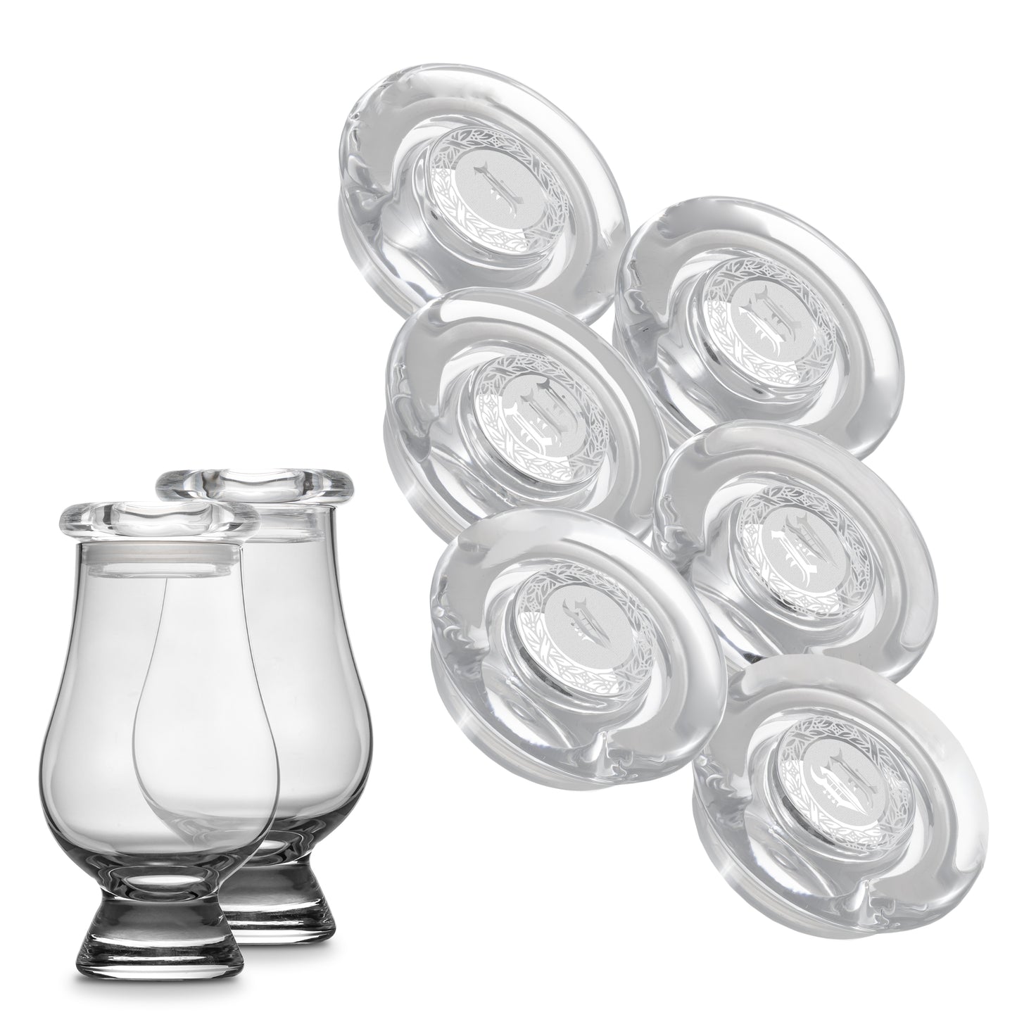 CairnCovers Glass Whiskey Glassware Lids - Glass Cap for Whisky Tasting Glasses by Cairn Craft (4 CairnCover Lids with Numeral Engraving)