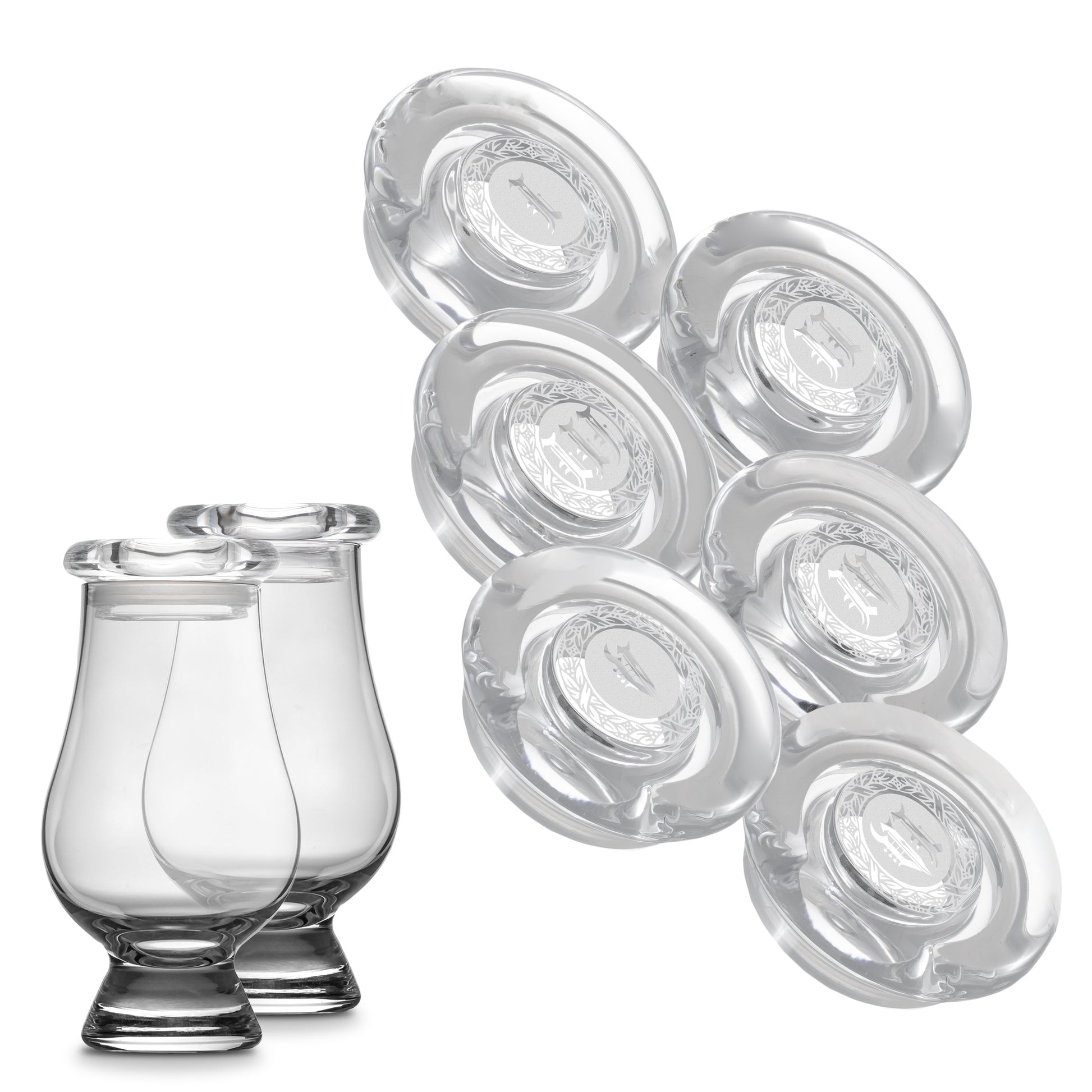 CairnCovers Glass Whiskey Glassware Lids - Glass Cap for Whisky Tasting Glasses by Cairn Craft (4 CairnCover Lids with Numeral Engraving)