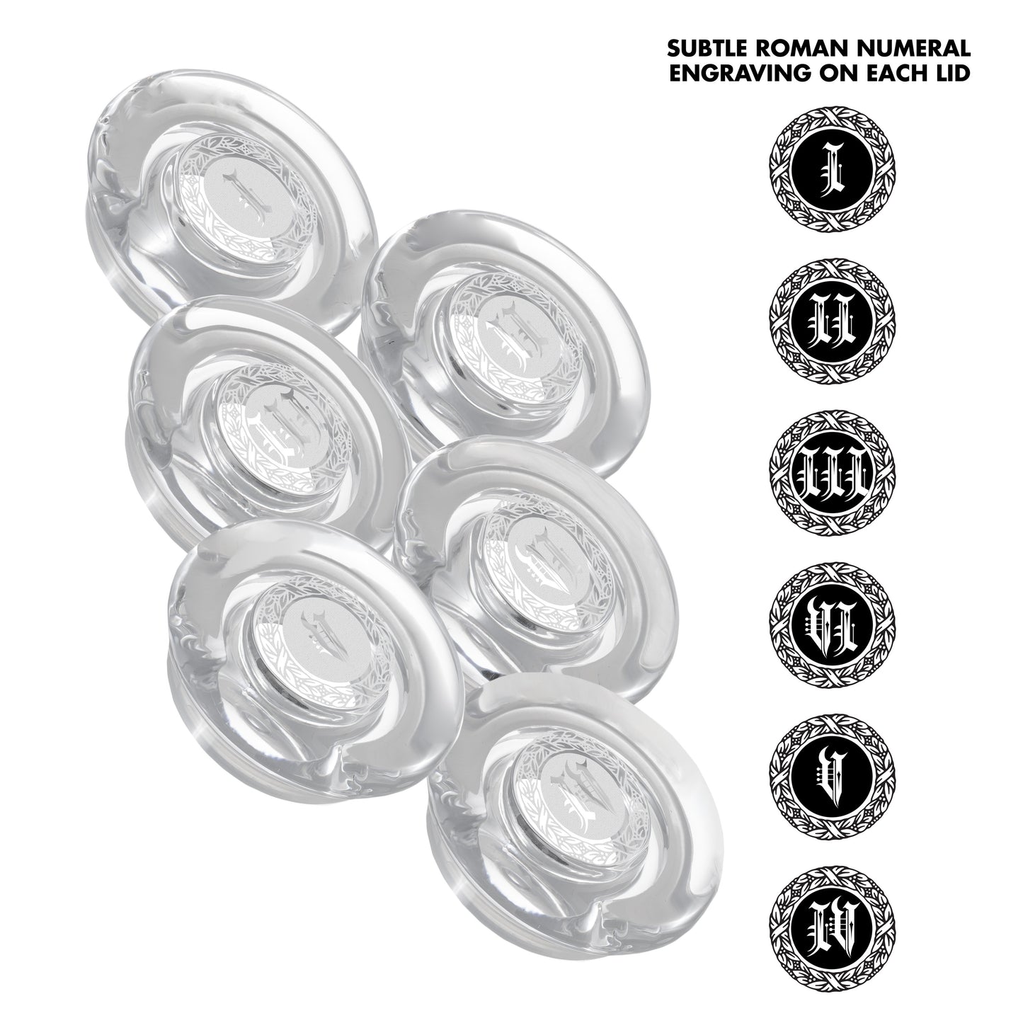 CairnCovers Glass Whiskey Glassware Lids - Glass Cap for Whisky Tasting Glasses by Cairn Craft (4 CairnCover Lids with Numeral Engraving)