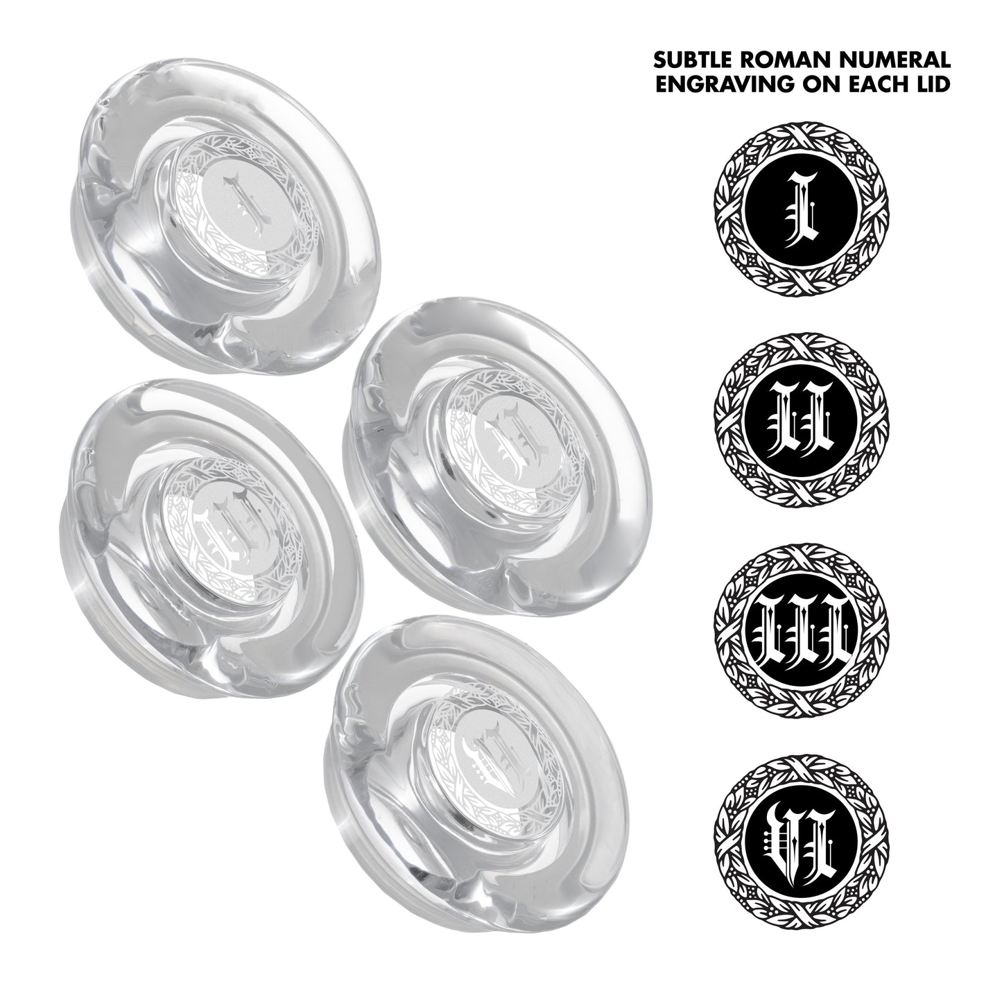 CairnCovers Glass Whiskey Glassware Lids - Glass Cap for Whisky Tasting Glasses by Cairn Craft (4 CairnCover Lids with Numeral Engraving)